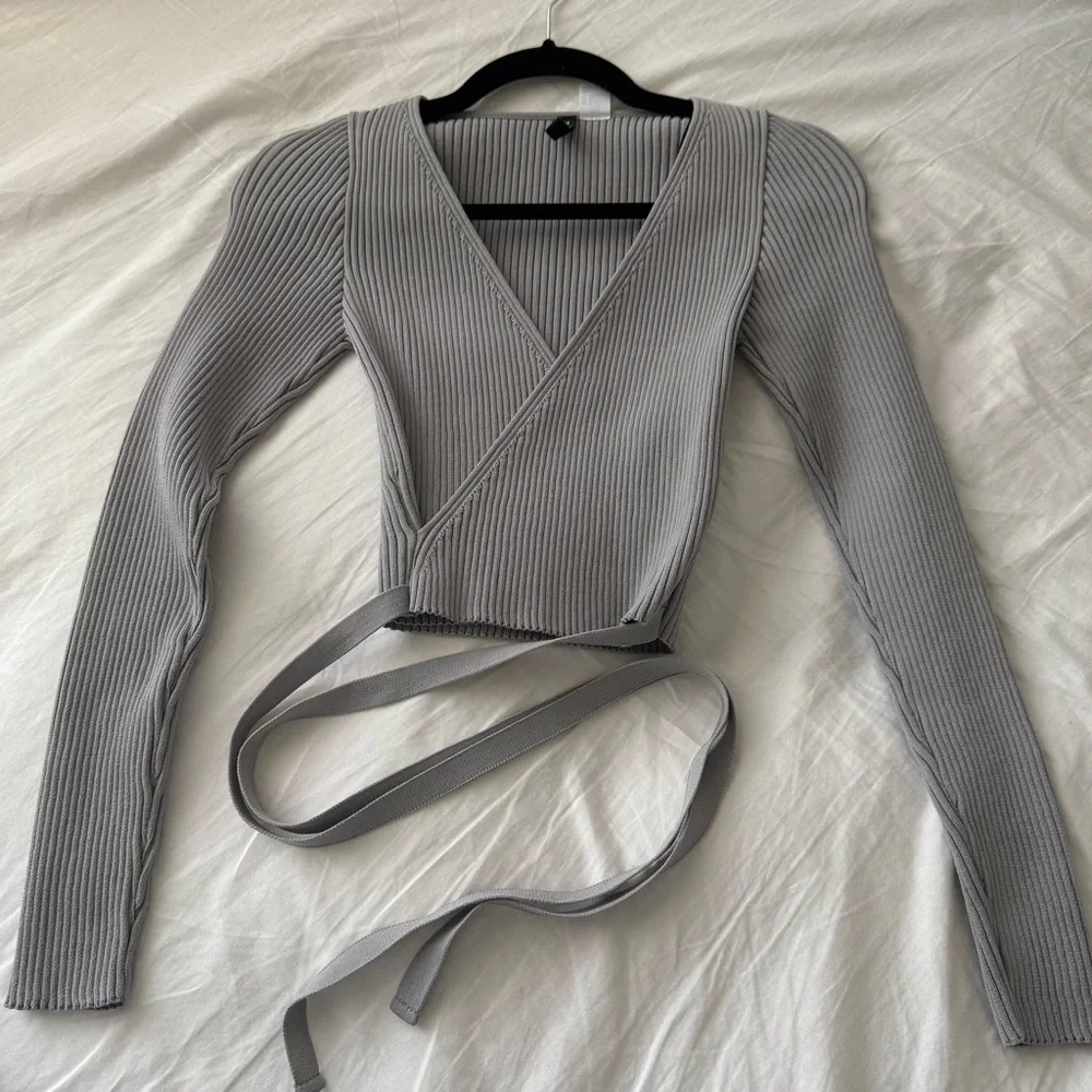 Grey Ribbed Wrap Top with Tie Waist – Long Sleeve - Picture 1 of 3
